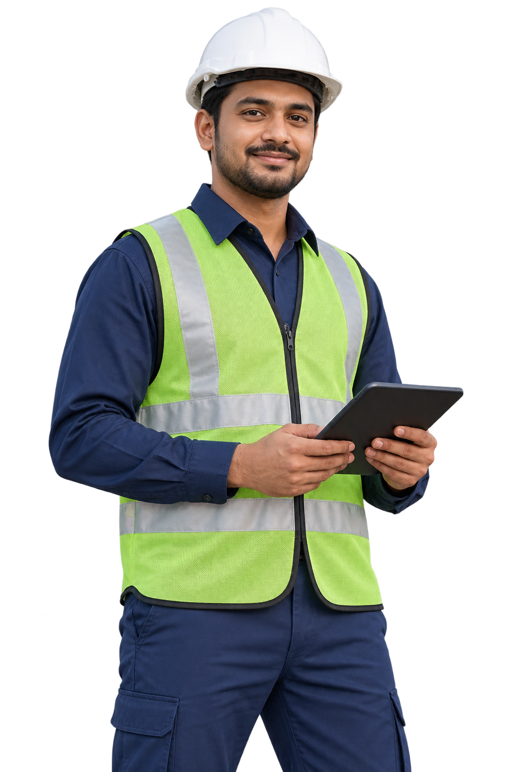 Illustrative solar technician holding a tablet