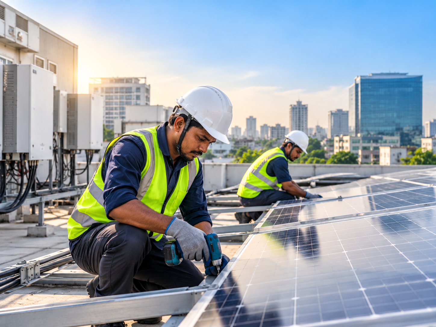 Electrical technician working; illustrative stock photograph