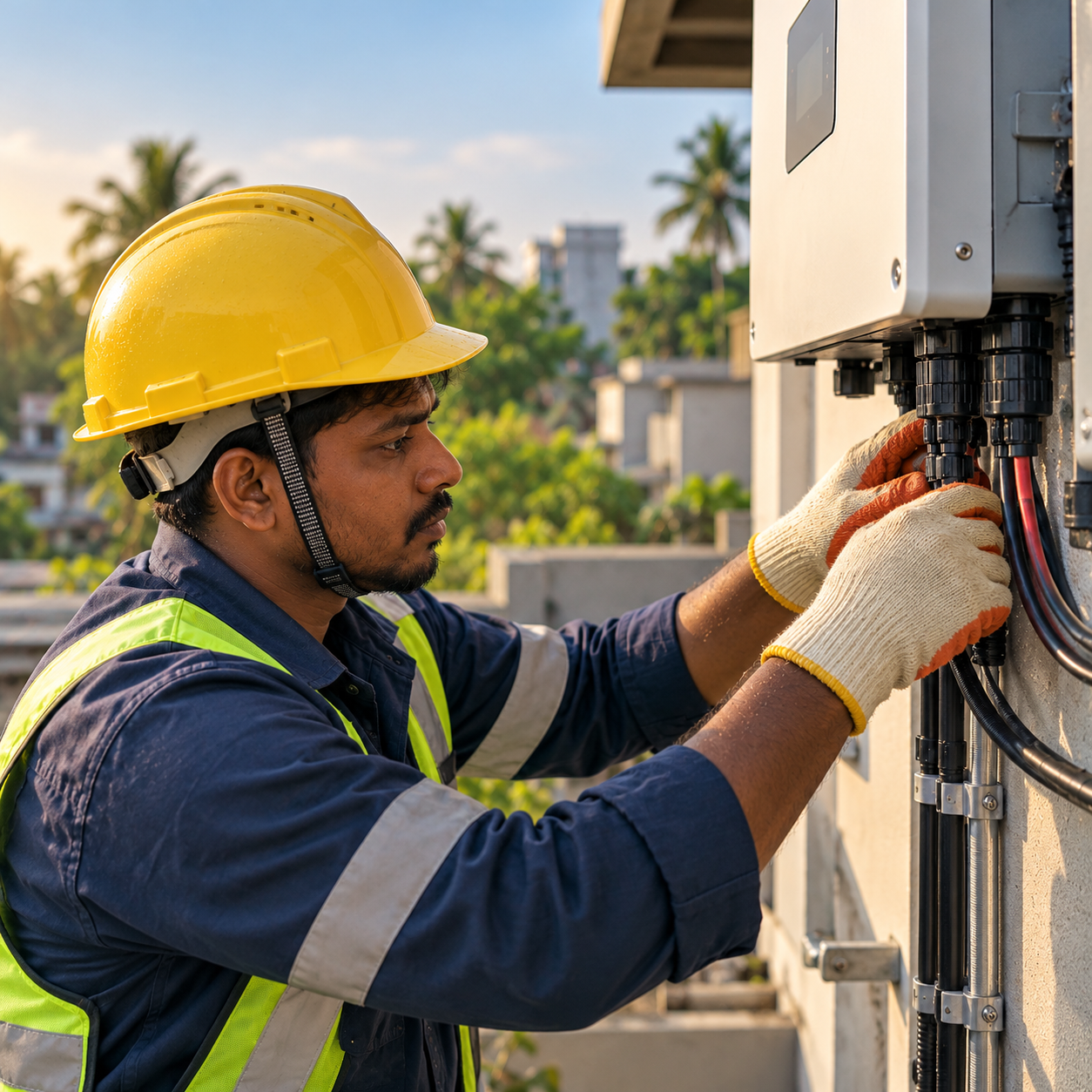 Electrical technician working on an installation; stock photograph
