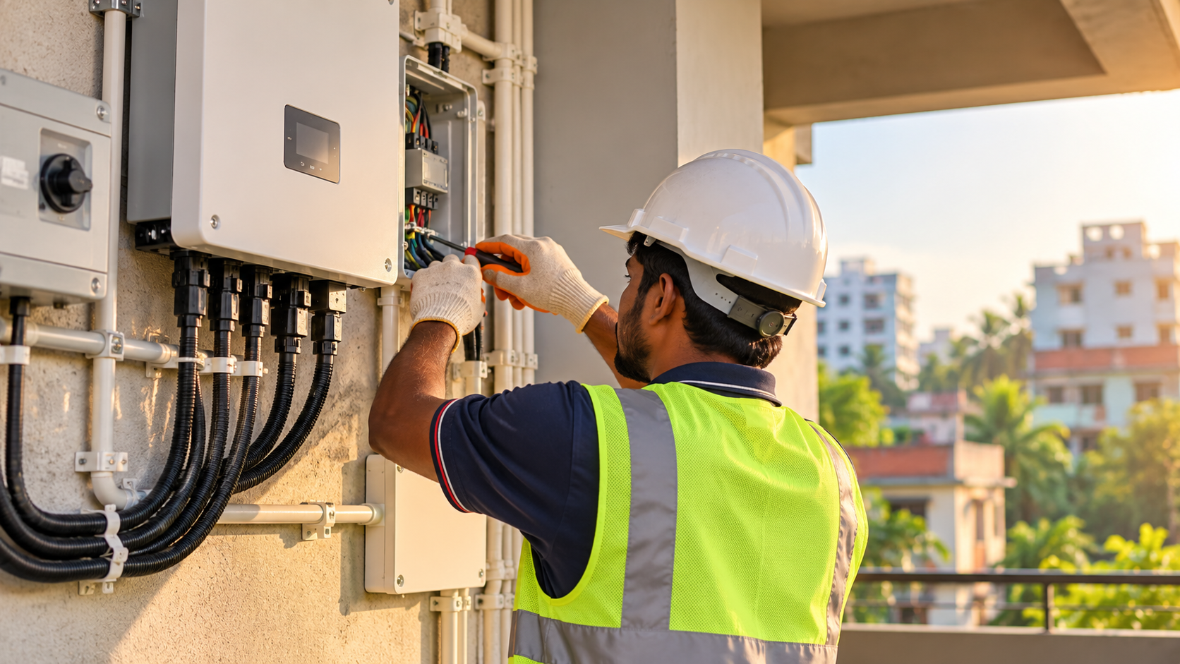 Technician working on a battery installation; stock photograph