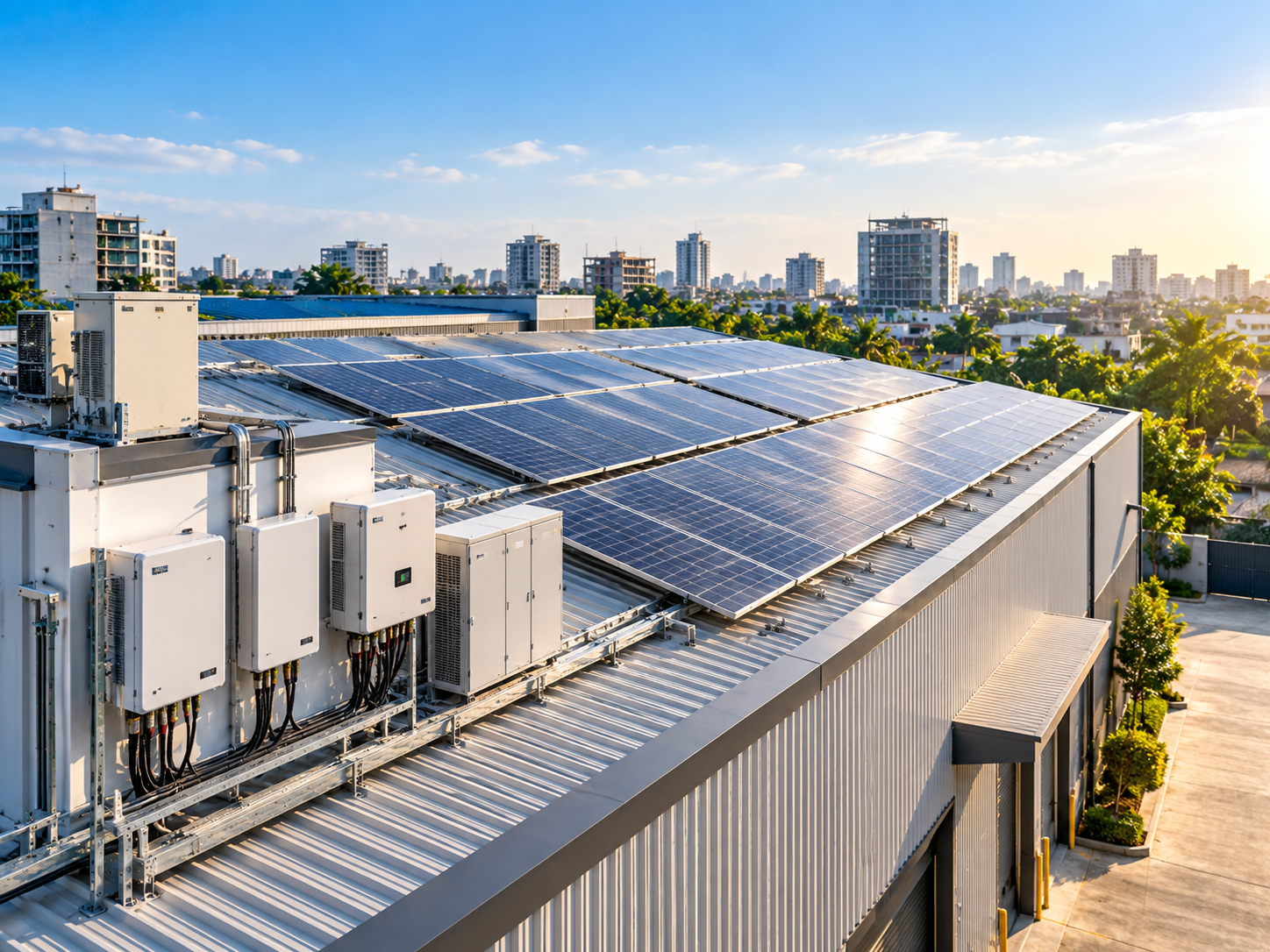 Solar array in sunlight; illustrative stock photograph