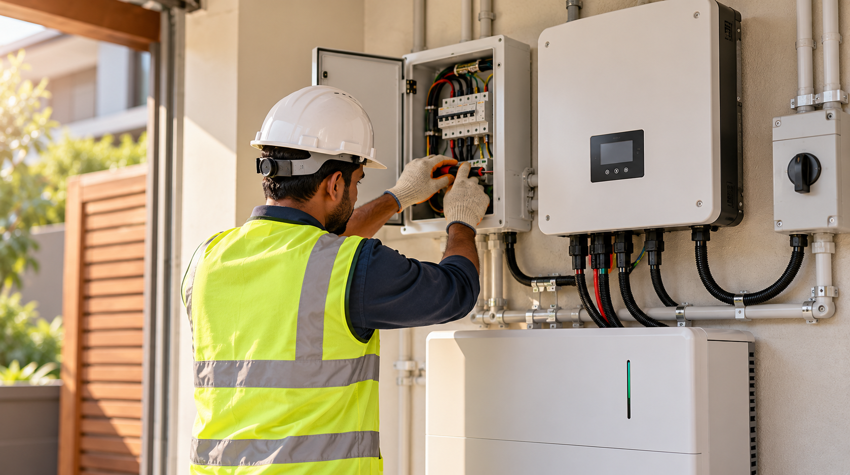 Technician installing an inverter; stock photograph