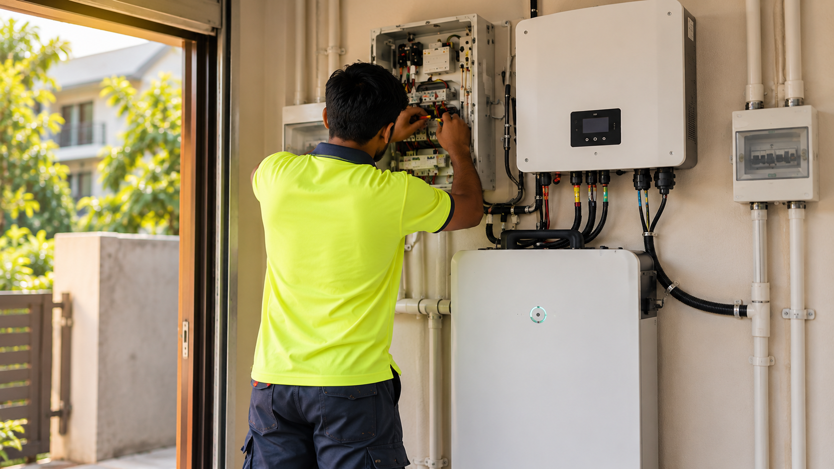 Residential battery installation work; stock photograph