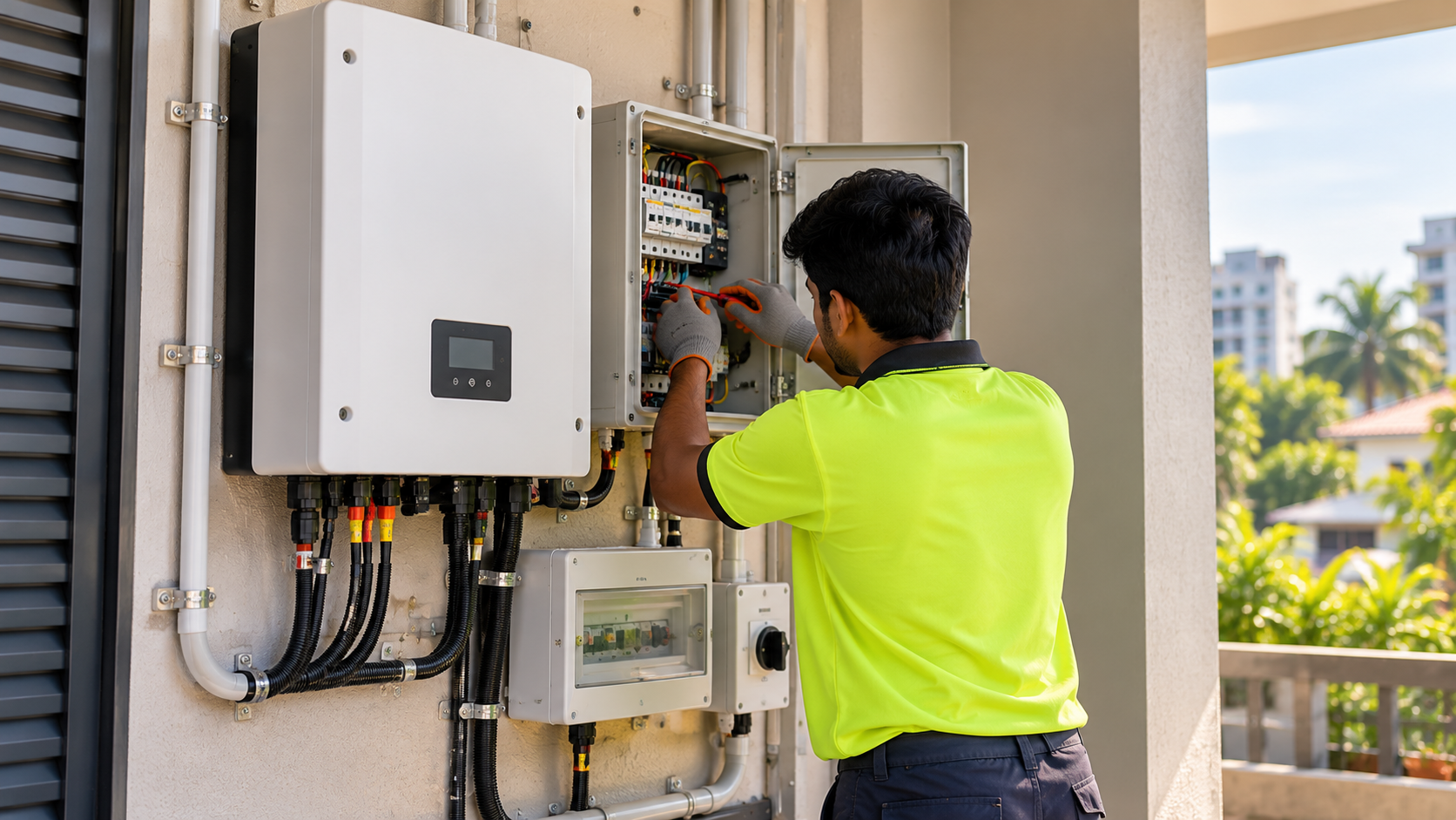 Technician installing a wall-mounted home battery; stock photograph